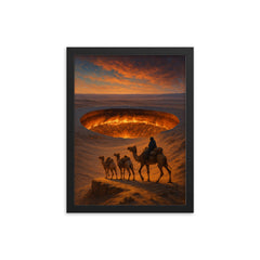 The Darvaza crater seen from caravan ridge framed print on a plain backdrop in size 12"x16".