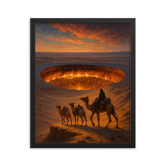 The Darvaza crater seen from caravan ridge framed print on a plain backdrop in size 16"x20".