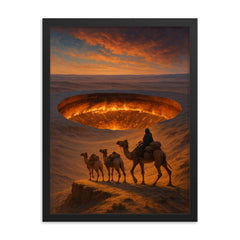 The Darvaza crater seen from caravan ridge framed print on a plain backdrop in size 18"x24".