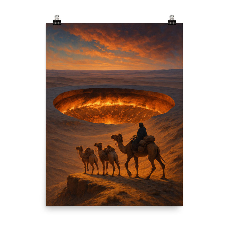 The Darvaza crater seen from caravan ridge poster on a plain backdrop in size 8
