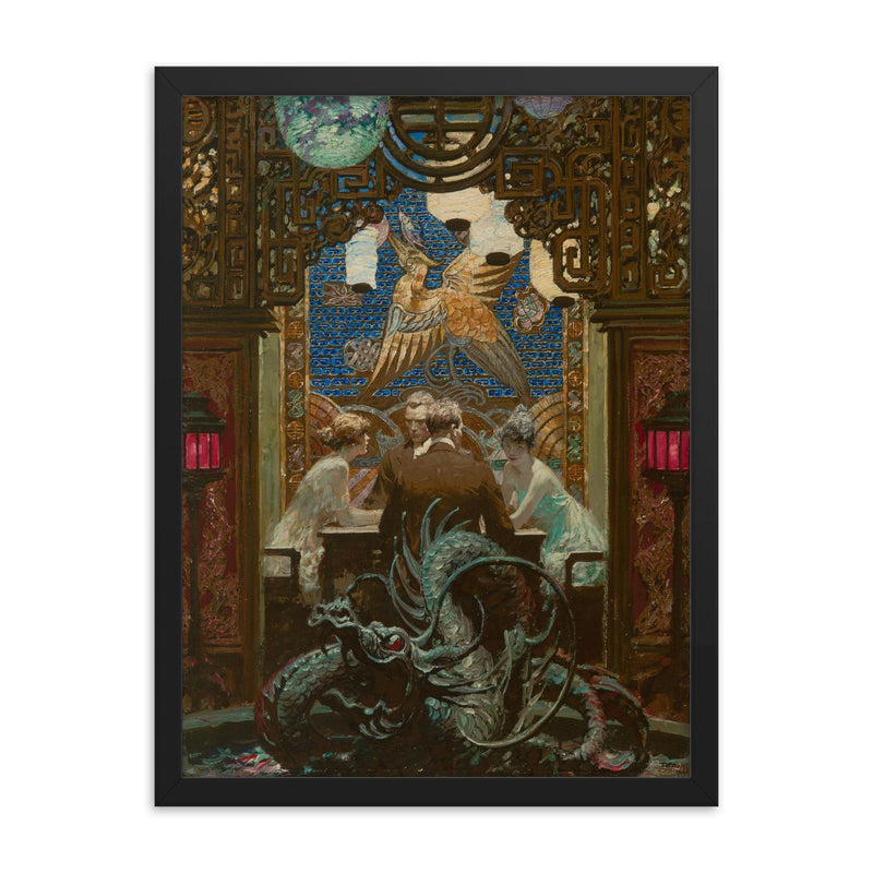 The Den of Iniquity, The Valley of the Giants by Dean Cornwell framed print on a plain backdrop in size 18