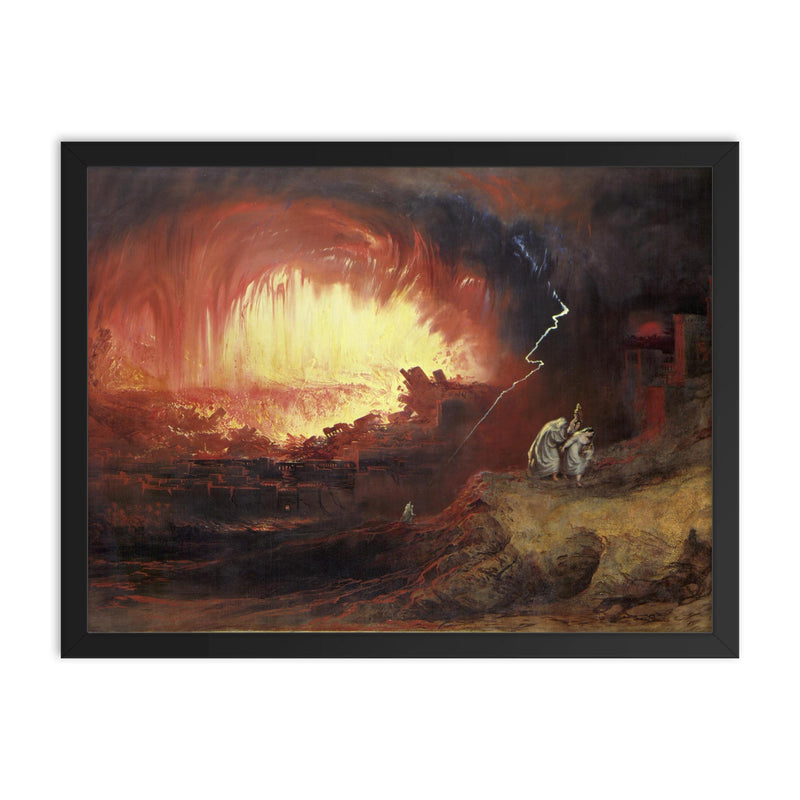 The Destruction of Sodom and Gomorrah by John Martin, 1852 framed print on a plain backdrop in size 18