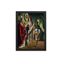 The Devil Presenting St. Augustine with the Book of Vices by Michael Pacher framed print on a plain backdrop in size 12"x16".