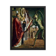 The Devil Presenting St. Augustine with the Book of Vices by Michael Pacher framed print on a plain backdrop in size 16"x20".