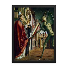 The Devil Presenting St. Augustine with the Book of Vices by Michael Pacher framed print on a plain backdrop in size 18"x24".