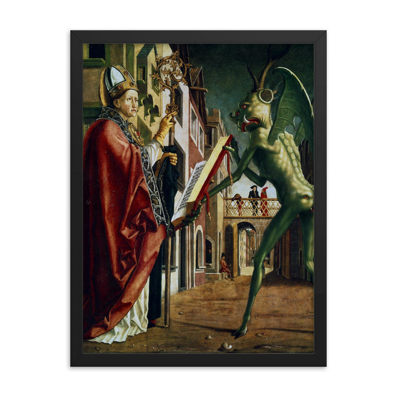 The Devil Presenting St. Augustine with the Book of Vices by Michael Pacher framed print on a plain backdrop in size 18