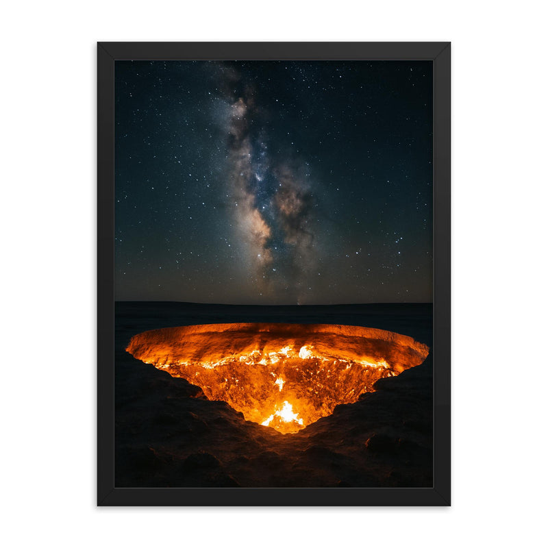 The Door to Hell in Karakum night framed print on a plain backdrop in size 18