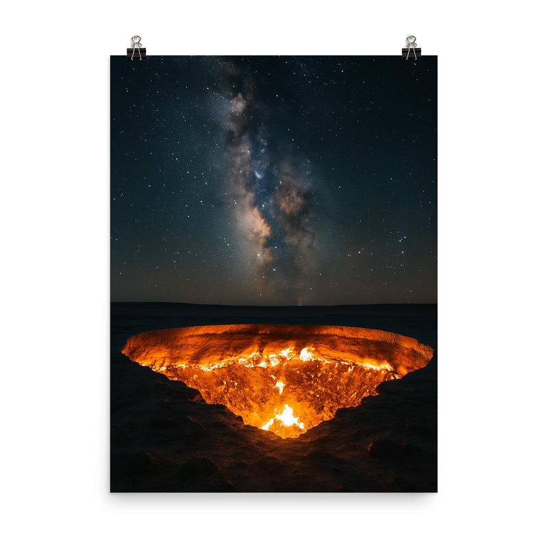 The Door to Hell in Karakum night poster on a plain backdrop in size 8