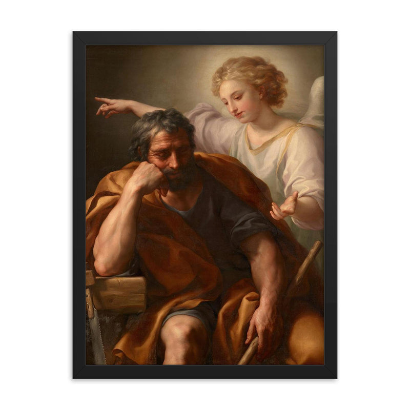 The Dream of St. Joseph by Anton Raphael Mengs framed print on a plain backdrop in size 18