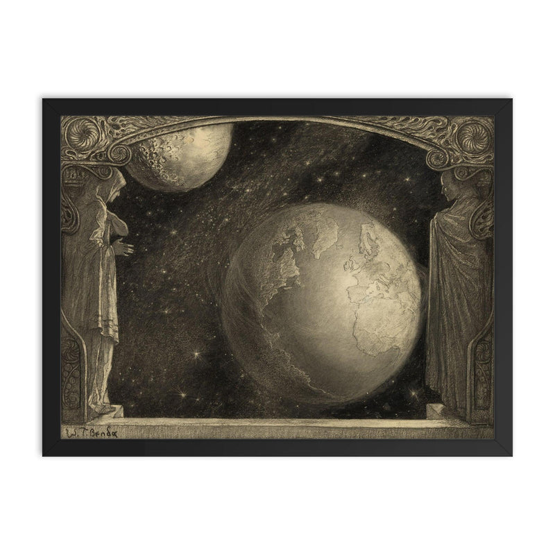 The Earth, Milky Way and Moon by Wladyslaw T Benda, 1918 framed print on a plain backdrop in size 18