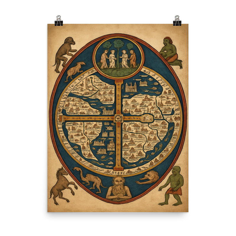 The Ebstorf Map with paradise and monsters poster on a plain backdrop in size 8