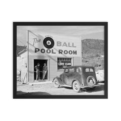The Eight Ball Pool Room, a pool hall and card club that served local miners - Shasta County, California, 1940 framed print on a plain backdrop in size 16"x20".