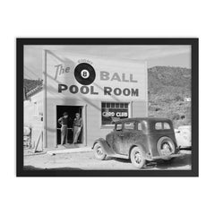 The Eight Ball Pool Room, a pool hall and card club that served local miners - Shasta County, California, 1940 framed print on a plain backdrop in size 18"x24".