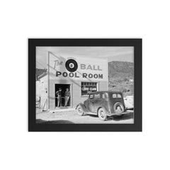 The Eight Ball Pool Room, a pool hall and card club that served local miners - Shasta County, California, 1940 framed print on a plain backdrop in size 8"x10".