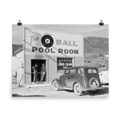The Eight Ball Pool Room, a pool hall and card club that served local miners - Shasta County, California, 1940 poster on a plain backdrop in size 8"x10".