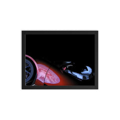 The entire Earth reflected off the side of a car in space framed print on a plain backdrop in size 12"x16".