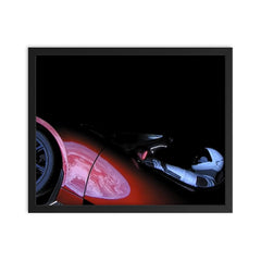 The entire Earth reflected off the side of a car in space framed print on a plain backdrop in size 16"x20".
