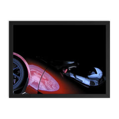The entire Earth reflected off the side of a car in space framed print on a plain backdrop in size 18"x24".