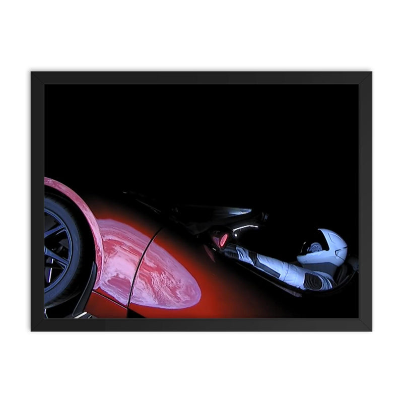 The entire Earth reflected off the side of a car in space framed print on a plain backdrop in size 18