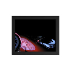 The entire Earth reflected off the side of a car in space framed print on a plain backdrop in size 8"x10".