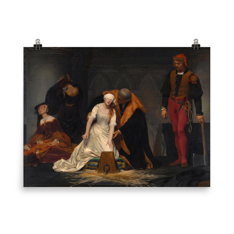 The Execution of Lady Jane Grey by Paul Delaroche poster on a plain backdrop in size 8