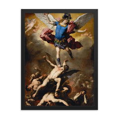 The Fall of the Rebel Angels by Luca Giordano, 1660 framed print on a plain backdrop in size 18"x24".