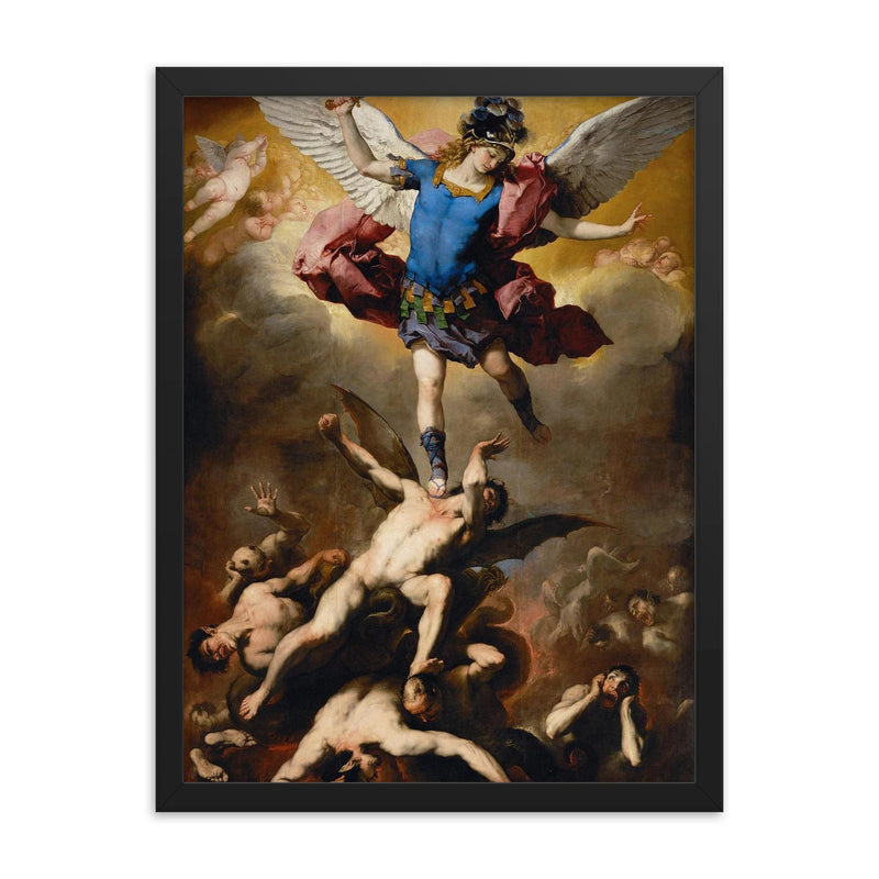 The Fall of the Rebel Angels by Luca Giordano, 1660 framed print on a plain backdrop in size 18