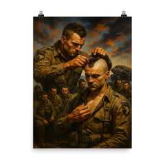 The Filthy Thirteen shaving Mohawks before D Day poster on a plain backdrop in size 8"x10".