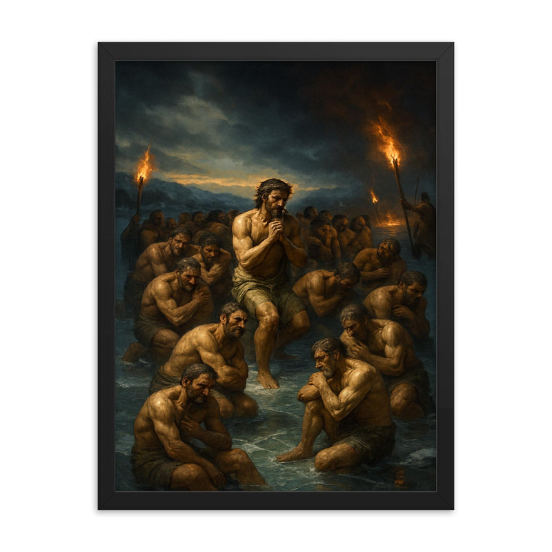 The Forty Martyrs of Sebaste on frozen lake framed print on a plain backdrop in size 18