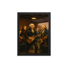 The Founding Fathers playing as a rock band in a garage framed print on a plain backdrop in size 12"x16".