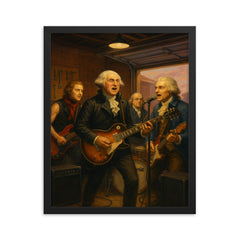 The Founding Fathers playing as a rock band in a garage framed print on a plain backdrop in size 16"x20".