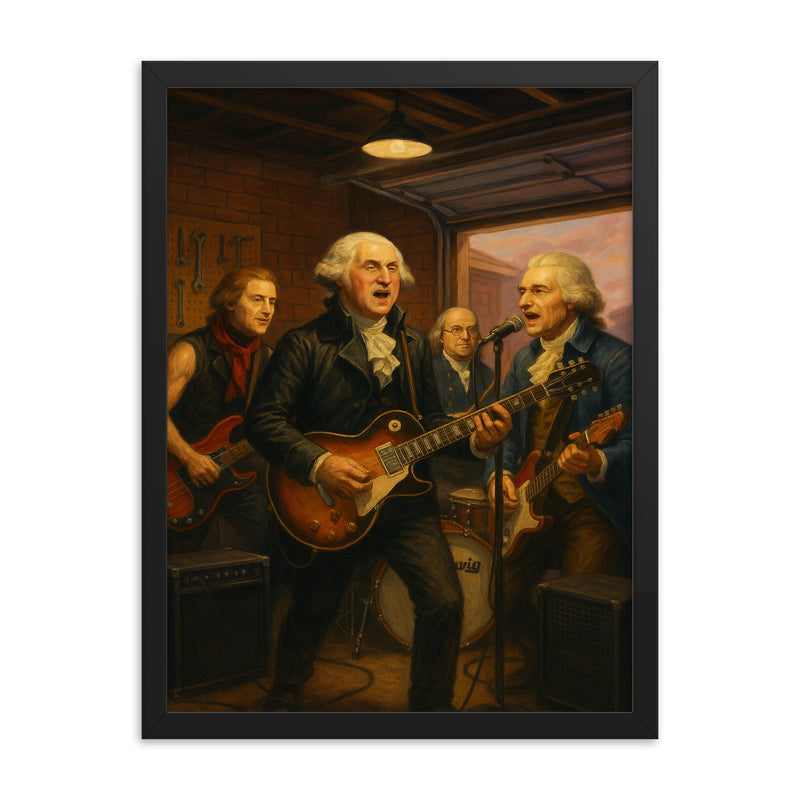 The Founding Fathers playing as a rock band in a garage framed print on a plain backdrop in size 18