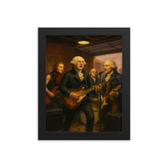 The Founding Fathers playing as a rock band in a garage framed print on a plain backdrop in size 8"x10".