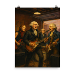 The Founding Fathers playing as a rock band in a garage poster on a plain backdrop in size 8"x10".
