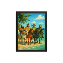 The Four Horsemen of the Apocalypse on holiday in the Caribbean framed print on a plain backdrop in size 12"x16".
