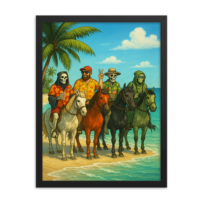 The Four Horsemen of the Apocalypse on holiday in the Caribbean framed print on a plain backdrop in size 18