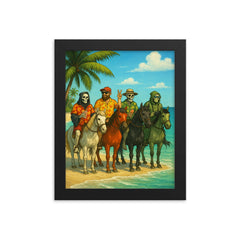 The Four Horsemen of the Apocalypse on holiday in the Caribbean framed print on a plain backdrop in size 8"x10".