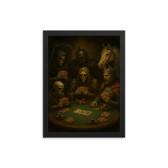 The Four Horsemen of the Apocalypse playing poker framed print on a plain backdrop in size 12"x16".