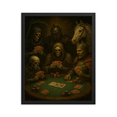 The Four Horsemen of the Apocalypse playing poker framed print on a plain backdrop in size 16"x20".