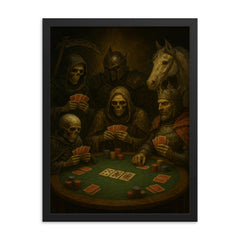 The Four Horsemen of the Apocalypse playing poker framed print on a plain backdrop in size 18"x24".