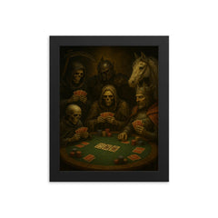 The Four Horsemen of the Apocalypse playing poker framed print on a plain backdrop in size 8"x10".
