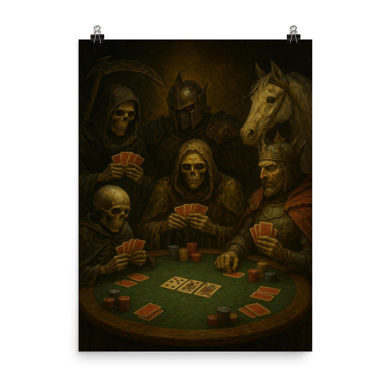 The Four Horsemen of the Apocalypse playing poker poster on a plain backdrop in size 8