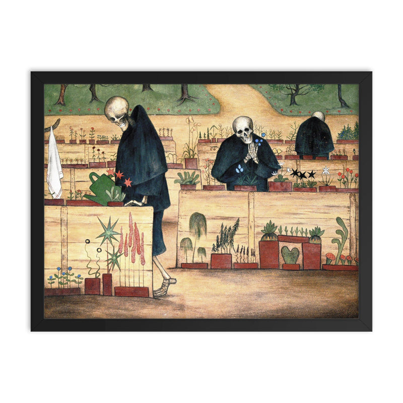 The Garden of Death by Hugo Simberg framed print on a plain backdrop in size 18