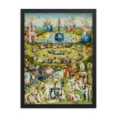 The Garden of Earthly Delights by Hieronymus Bosch framed print on a plain backdrop in size 18"x24".