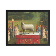 The Ghent Altarpiece - Adoration of the Mystic Lamb framed print on a plain backdrop in size 16"x20".