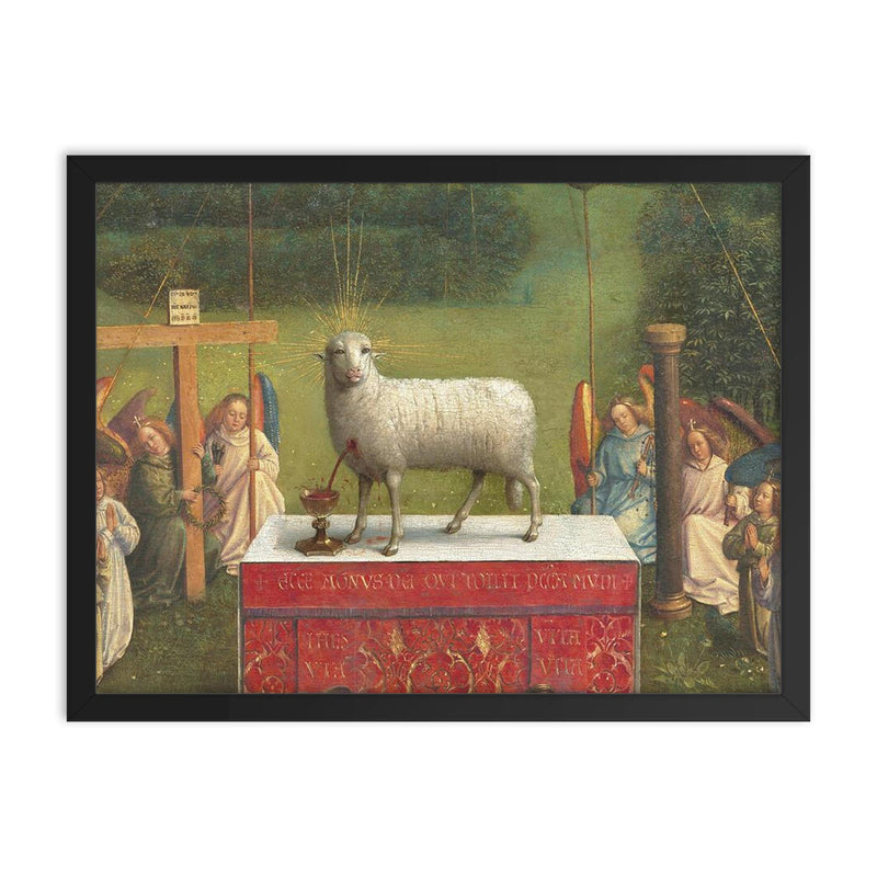 The Ghent Altarpiece - Adoration of the Mystic Lamb framed print on a plain backdrop in size 18