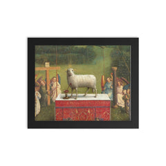 The Ghent Altarpiece - Adoration of the Mystic Lamb framed print on a plain backdrop in size 8"x10".