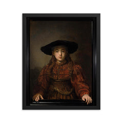 The Girl in a Picture Frame by Rembrandt, 1641 framed print on a plain backdrop in size 16"x20".