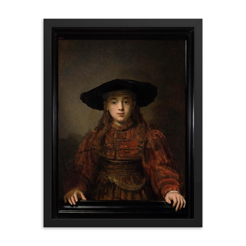 The Girl in a Picture Frame by Rembrandt, 1641 framed print on a plain backdrop in size 18