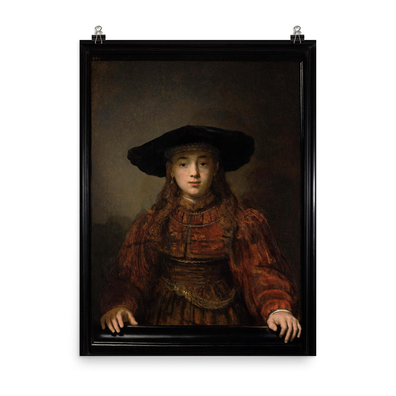 The Girl in a Picture Frame by Rembrandt, 1641 poster on a plain backdrop in size 8